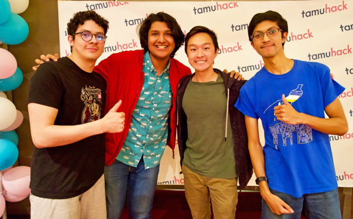 Sanjay Kumaran (second from left) and his TAMUhack 2020 team took Grand Prize for their Eco-Mode app creation and design. 
