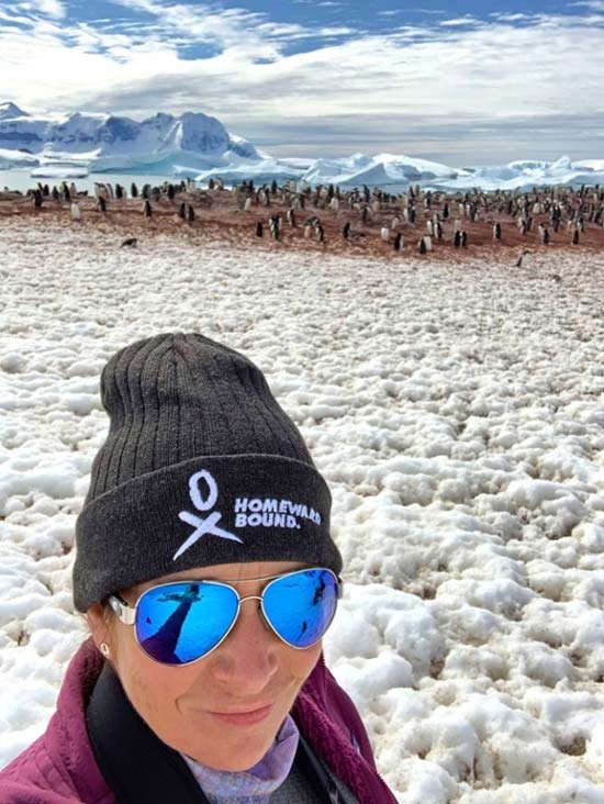 Michele Finn ’88 poses in front of a group of penguins while on an expedition to Antarctica in December 2019. 