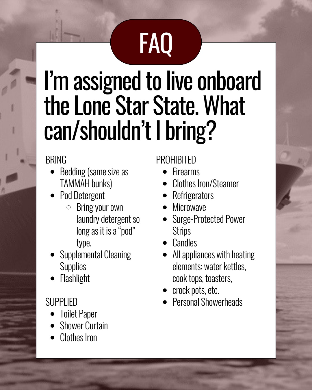 Living aboard USTS Lone Star State FAQ