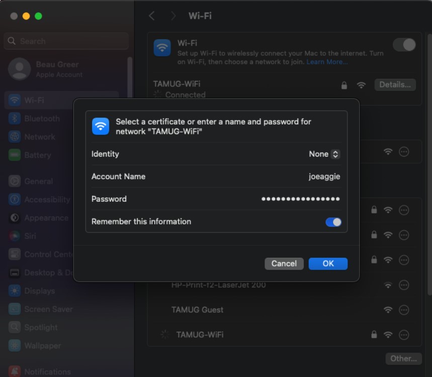 MAC Connecting Wifi