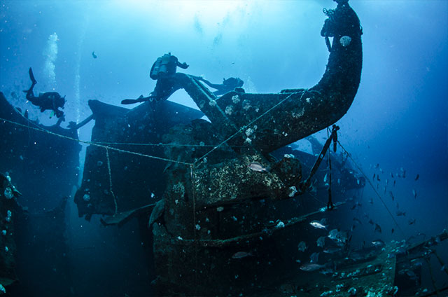TAMUG scientific divers explore the wreck of the USTS Clipper during a Texas Parks and Wildlife Department Artificial Reef Program monitoring trip.