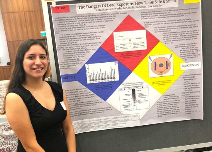Oceans & One Health student Laura Gonzalez '22 poses next to her poster during the Fall 2019 Chemistry Poster Symposium.