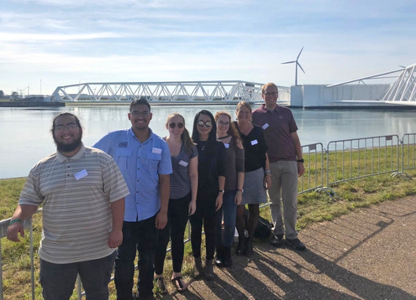 Texas A&M University at Galveston students pose in front of the Netherlands’ Maeslant Barrier during a recent flood mitigation education-related visit to the country.