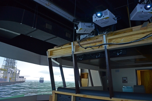 New projectors were recently installed in the Texas A&M University at Galveston’s full-bridge ship simulator, greatly enhancing the resolution and overall experience for Texas A&M Maritime Academy cadets as they learn ship-handling drills and maneuvers.