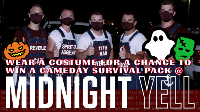 Join us Thursday, Oct. 29 at 11 p.m. in the Sea Aggie Center parking lot for a spooky good Midnight Yell Practice! 