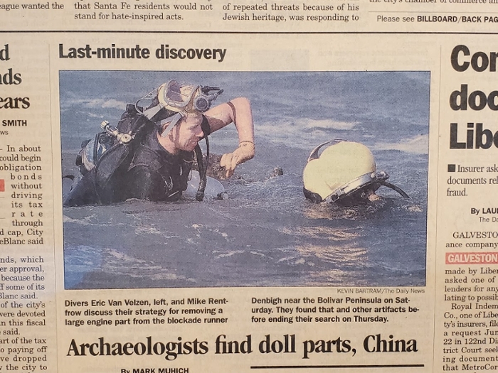 VanVelzen captured in the Galveston Daily News as part of the dive crew working on the Denbigh project.