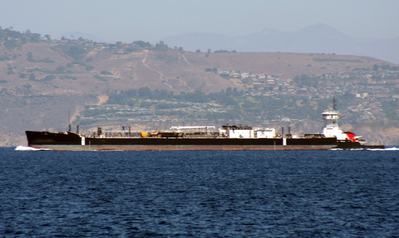 A ship sailing through the Santa Barbara Channel where whale and vessel strikes have been frequent.