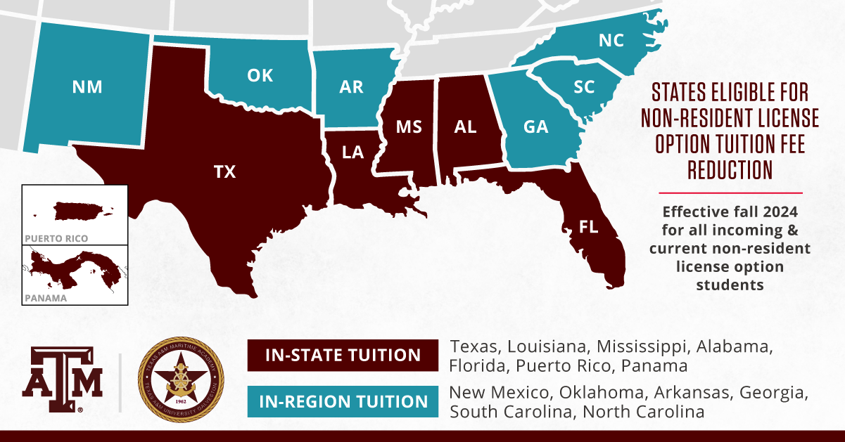 Map showing non-resident license option students tuition fee changes.