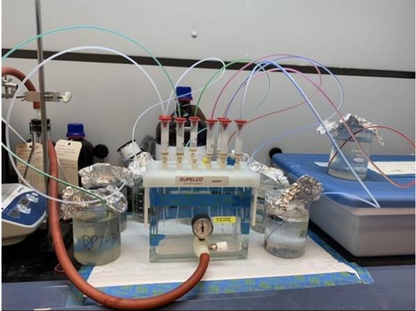 Solid phase extraction (SPE) setup used to extract PFAS compounds from seawater samples.