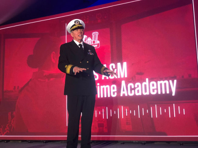 Texas A&M University at Galveston Chief Operating Officer Col. Michael E. Fossum '80 changes into his Admiral uniform befitting his position as Superintendent of the Texas A&M Maritime Academy. Fossum led TAMMA's presentation during yesterday's Texas A&M Foundation Exploration Day event in College Station. 