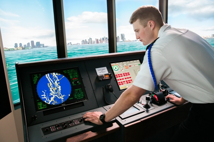 Texas A&M Maritime Academy Cadet Connor Lowe '20 using one of the ship simulators on campus. Students are now accessing these simulators virtually due to impacts of the coronavirus and COVID-19. 