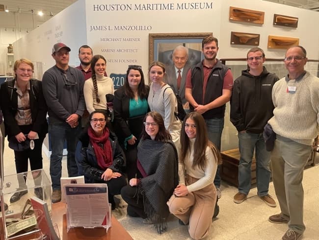 Maritime business and liberal studies students from the Galveston Campus joined TAMU Law students during a visit to Houston's Maritime Museum as part of a collaborative new course called “Global Lawyering - International Maritime Industry, Global Governance, and World Trade." 