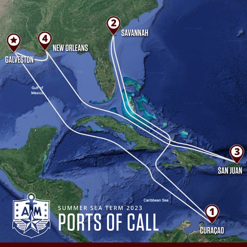 A map of the ports of call for Summer Sea Term 2023.